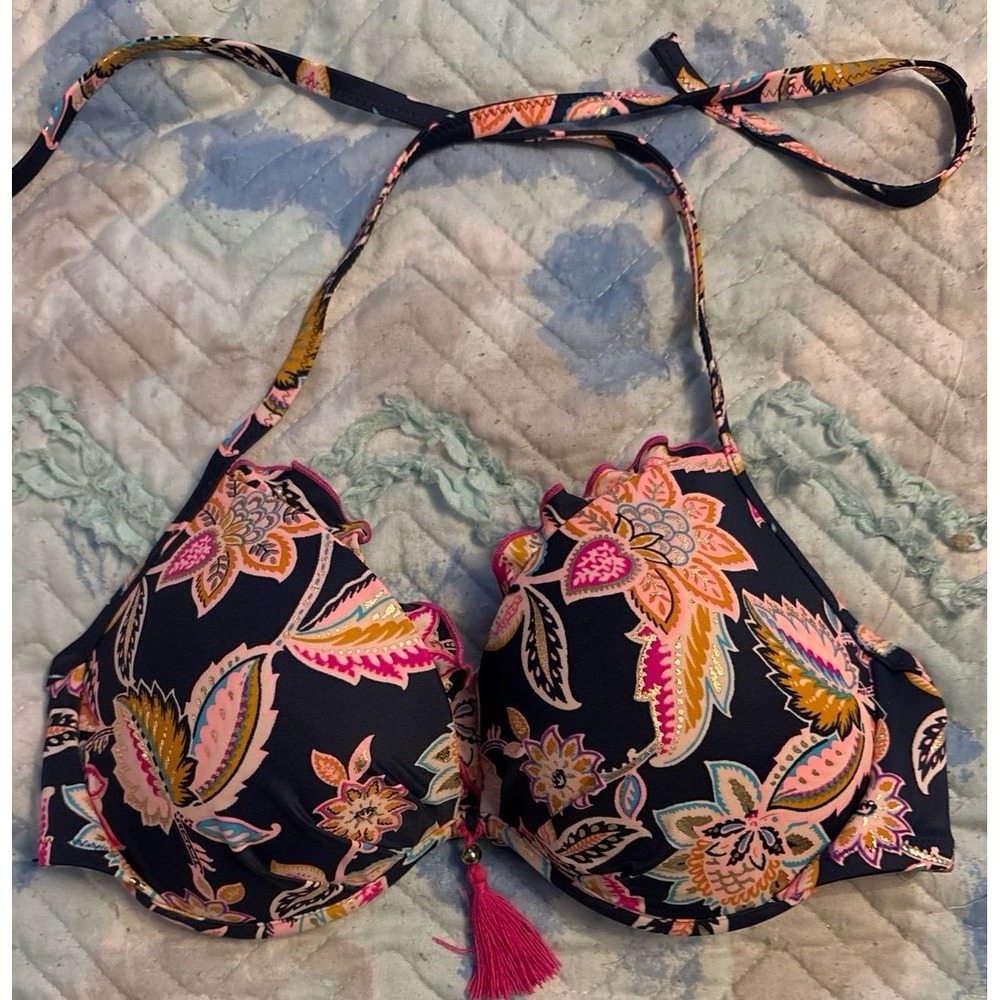 Shade & Shore Navy Blue Floral Ruffle Gold Wave‎ Pushup Bikini Top, 36C